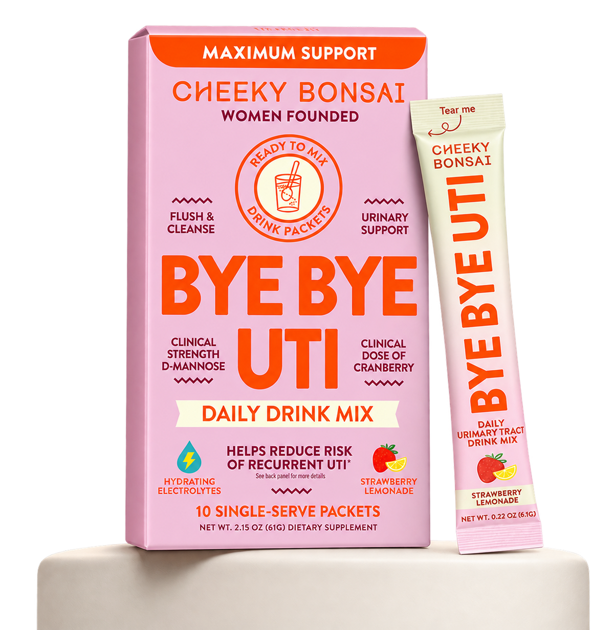 Cheeky Bonsai Bye Bye UTI drink mix, vaginal probiotic, pH balanced wash and wipes